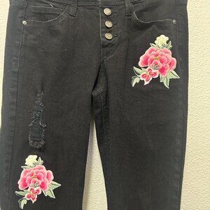 Black Daisy "Jamie" skinny distressed black jeans with rose patches, juniors 1